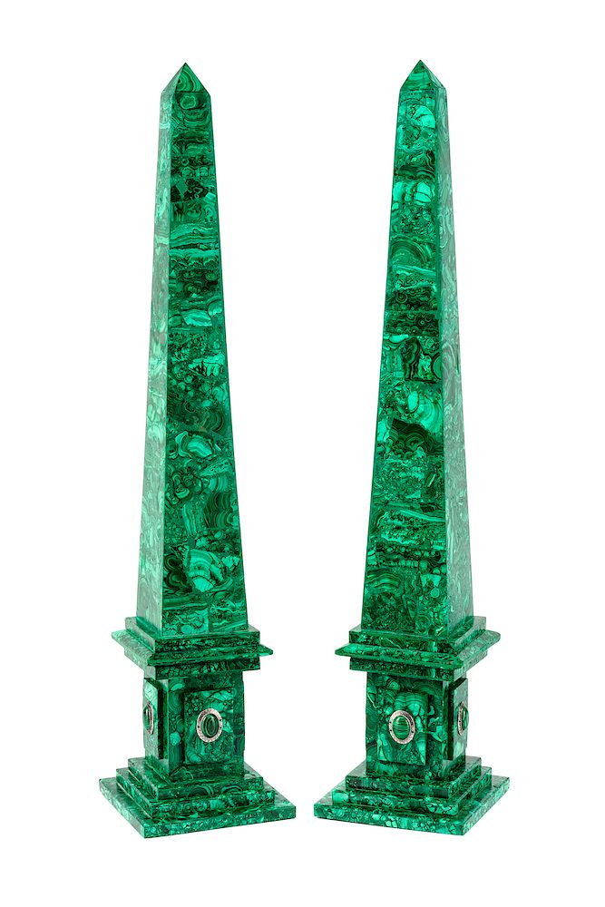 Appraisal: A Pair of Large Russian Malachite Veneered Obelisks A Pair