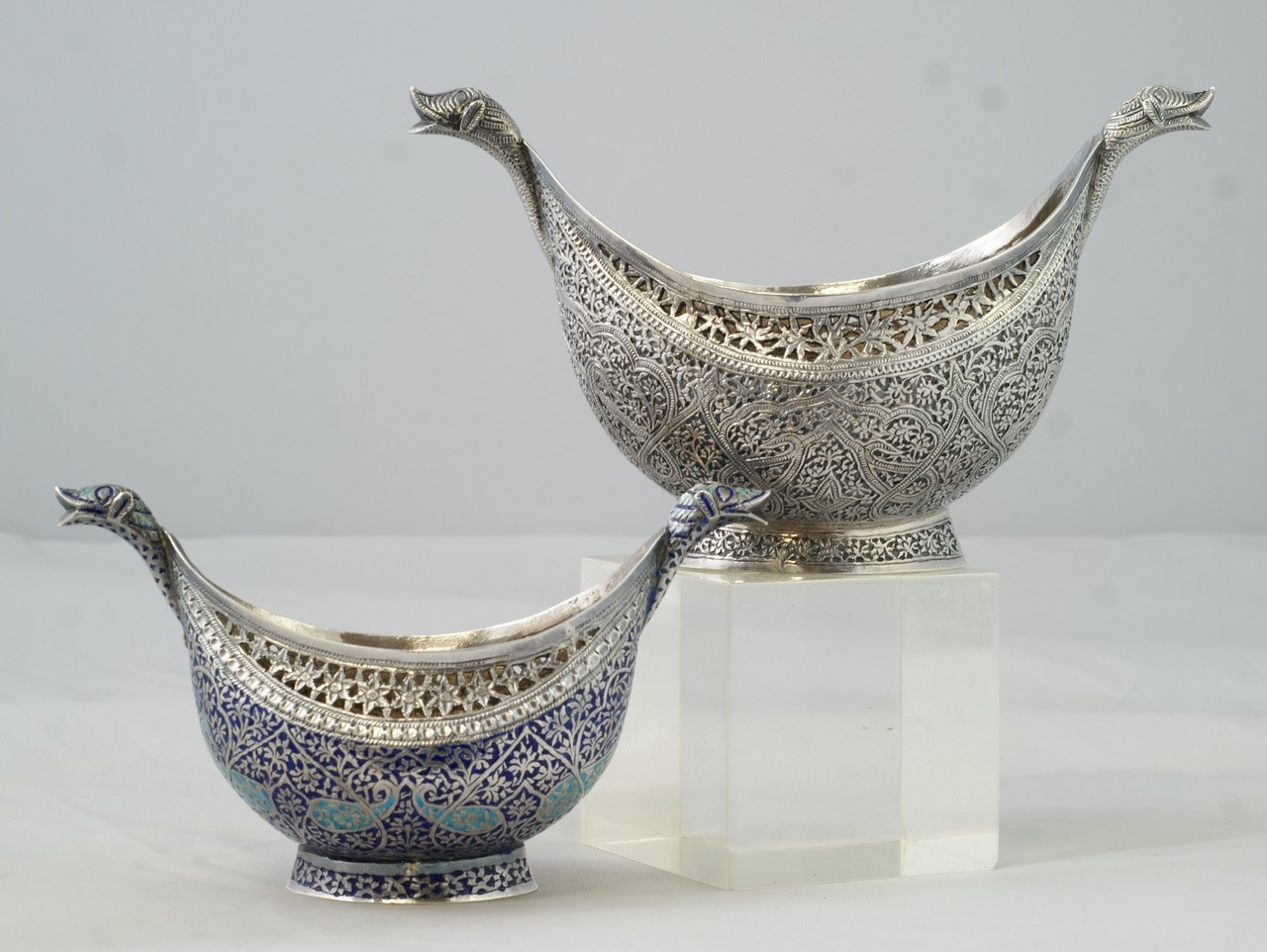 Appraisal: Pair of Indian Silver kashkul bowls one enameled the largest