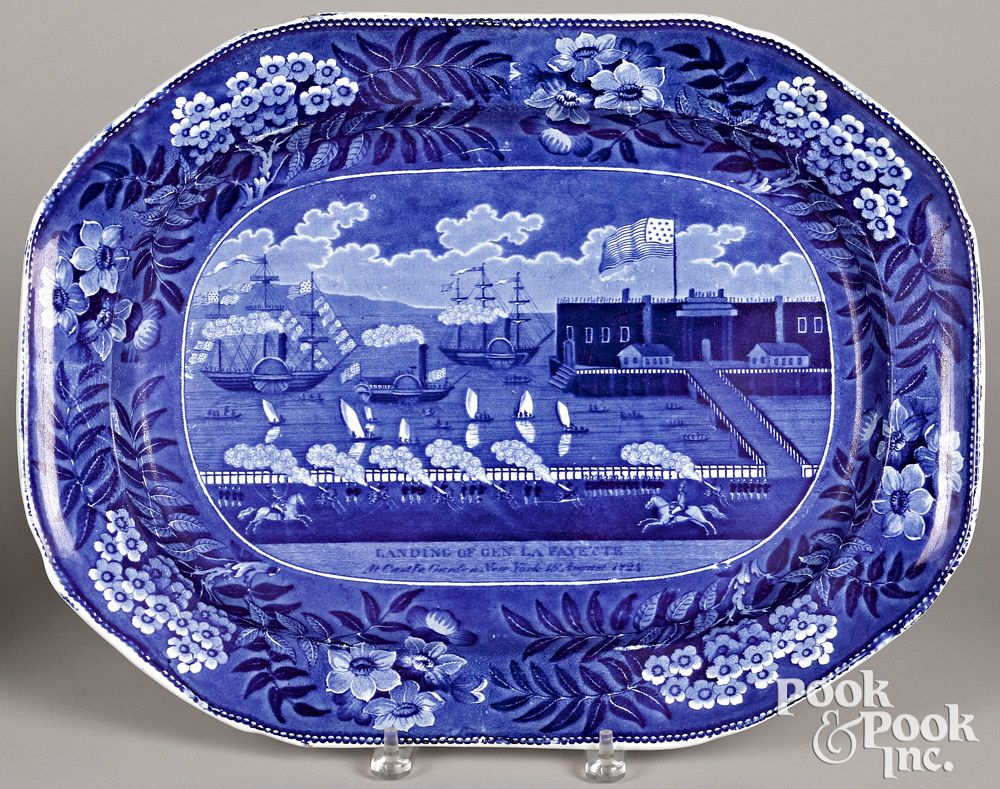 Appraisal: Historical blue Staffordshire platter Historical blue Staffordshire Landing of Lafayette