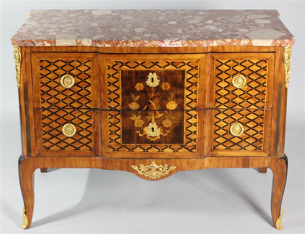 Appraisal: LOUIS XV XVI STYLE MARQUETRY AND PARQUETRY TULIPWOOD COMMODE th