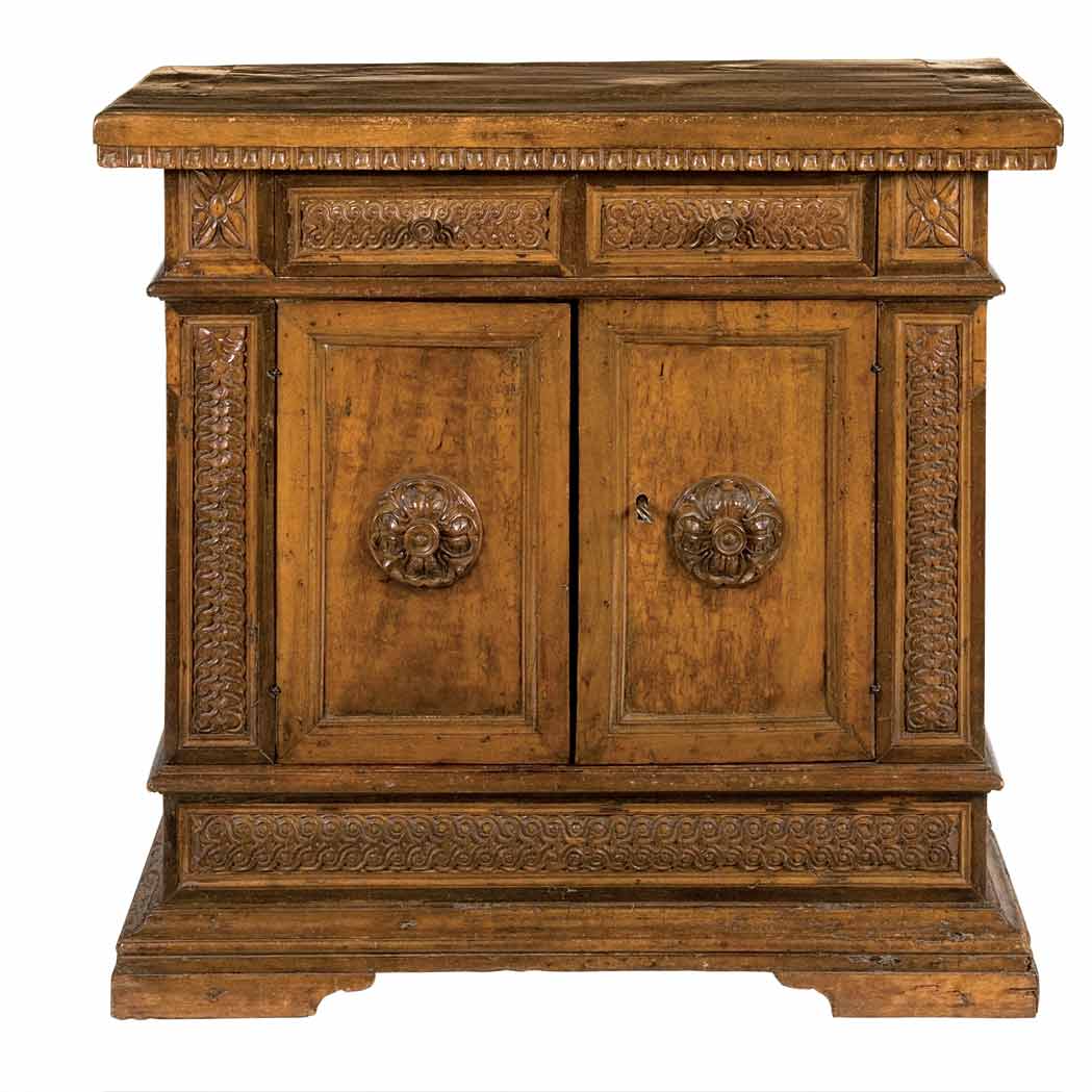 Appraisal: Italian Baroque Style Fruitwood Side Cabinet The rectangular top above