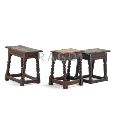 Appraisal: CONTINENTAL JOINT STOOLS Three in walnut th c Largest x