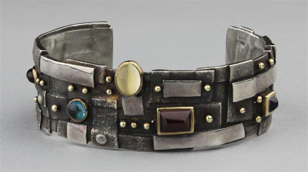 Appraisal: FREDERICK MARSHALL STERLING AND K CUFF WITH MIXED GEMSTONES the