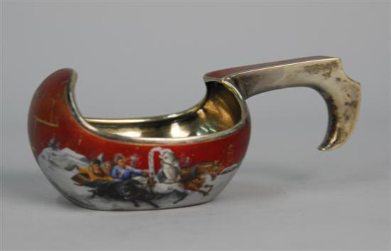 Appraisal: RUSSIAN SILVER AND ENAMEL KOVSCH decorated with a horsedrawn sleigh