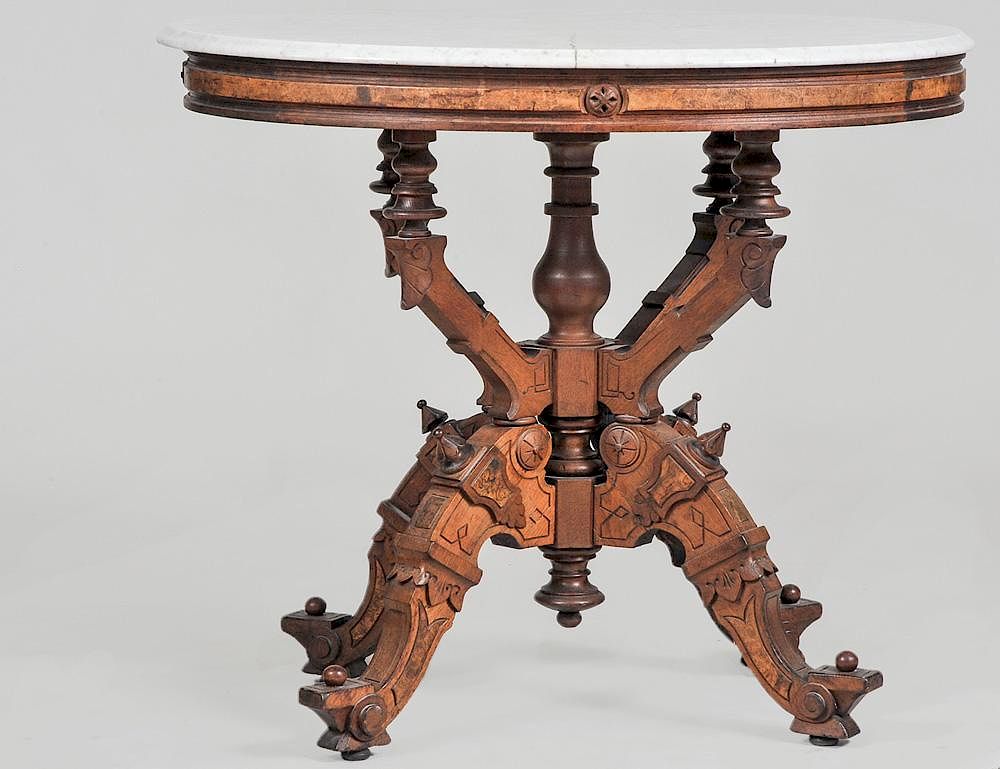 Appraisal: RENAISSANCE REVIVAL WALNUT SIDE TABLE American th Century With oval