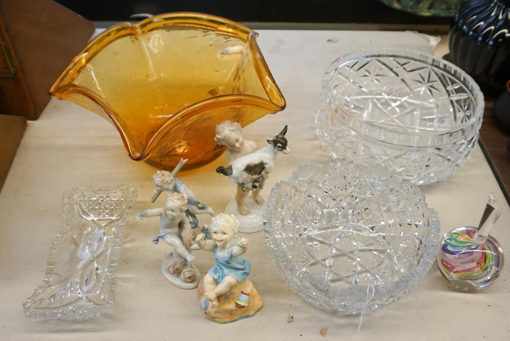 Appraisal: Four European Porcelain Figurines and a Group of Crystal Glass