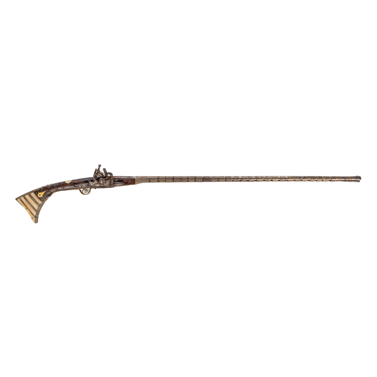 Appraisal: ORNATE ARABIC FLINTLOCK LONG GUN Heavily decorated with silver banding