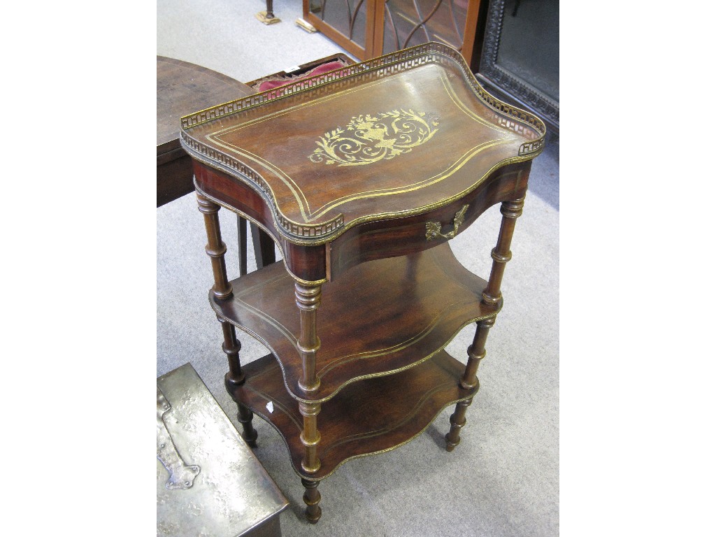 Appraisal: Continental rosewood and brass inlaid three tier whatnot with gallery