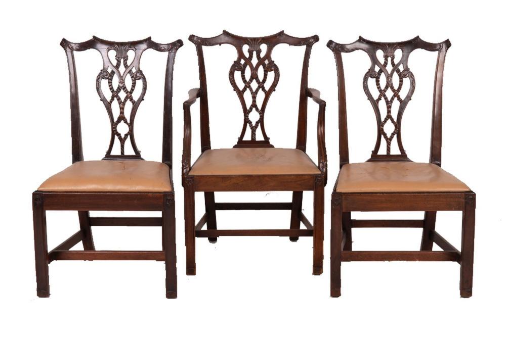 Appraisal: SET OF TWELVE CHIPPENDALE DINING CHAIRSthe armchairs inches high Condition