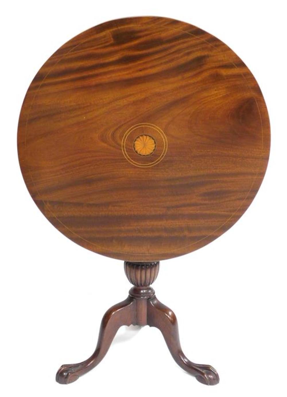 Appraisal: Chippendale style tilt top stand round top with inlaid pinwheel