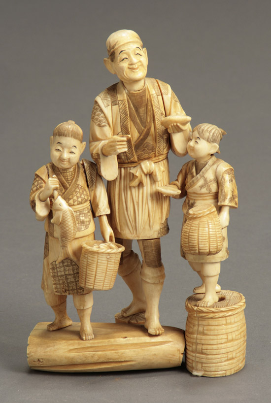 Appraisal: Japanese Ivory Okimono of a Father with Two Sons Returning