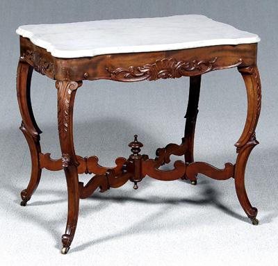 Appraisal: Victorian mahogany center table cartouche-shaped white marble top carved skirt