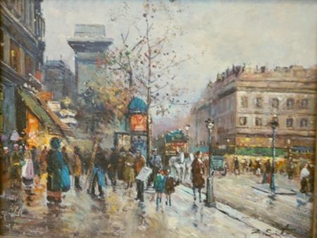 Appraisal: French School th Century Bustling Parisian Street Scene Estimate -