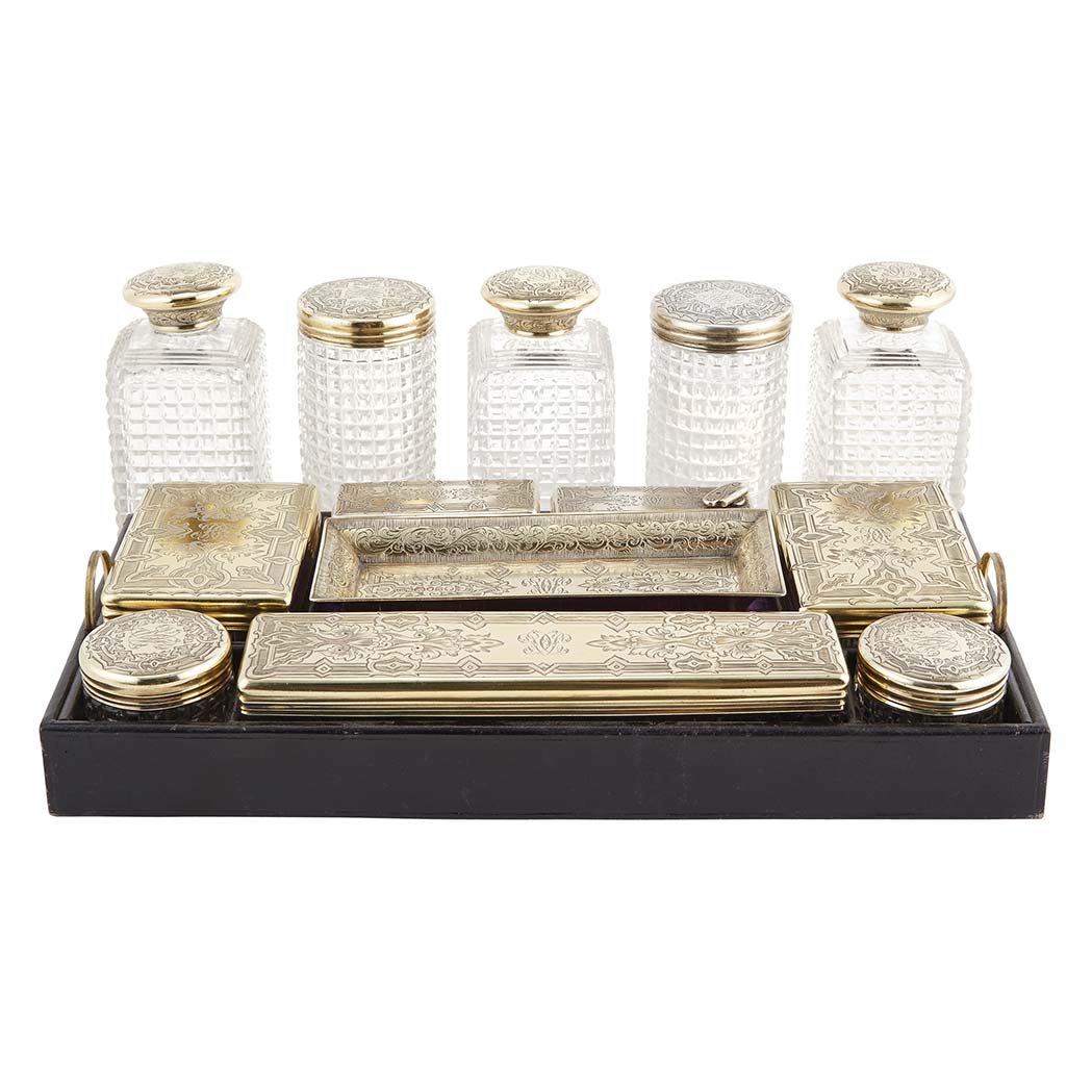 Appraisal: Victorian Silver Gilt and Cut Glass Vanity Set Probably Joseph