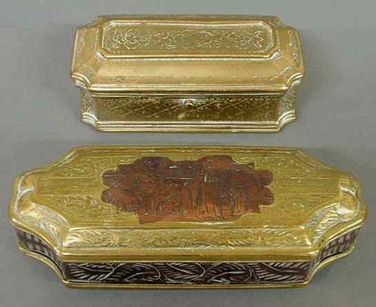 Appraisal: English engraved brass snuffbox c h x w and an