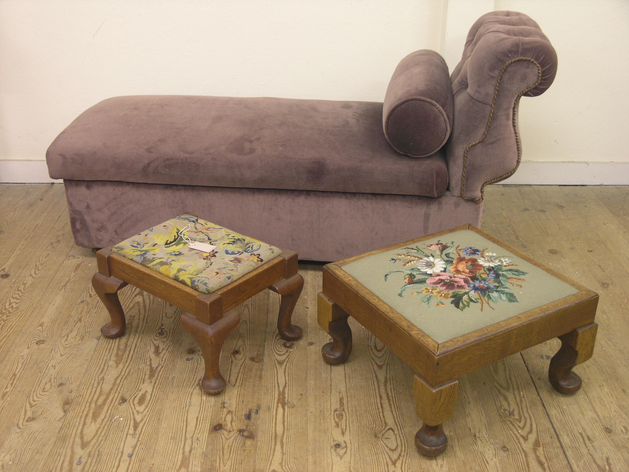 Appraisal: A day-bed-ottoman upholstered in a brown dralon and two oak