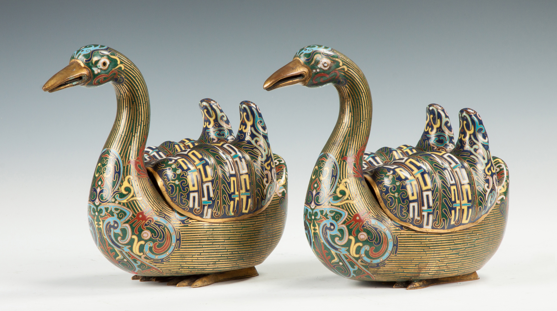 Appraisal: Pair of Chinese Bronze Cloisonn Duck Censors