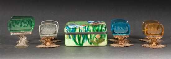 Appraisal: French floral enameled box and eight continental cut crystal place