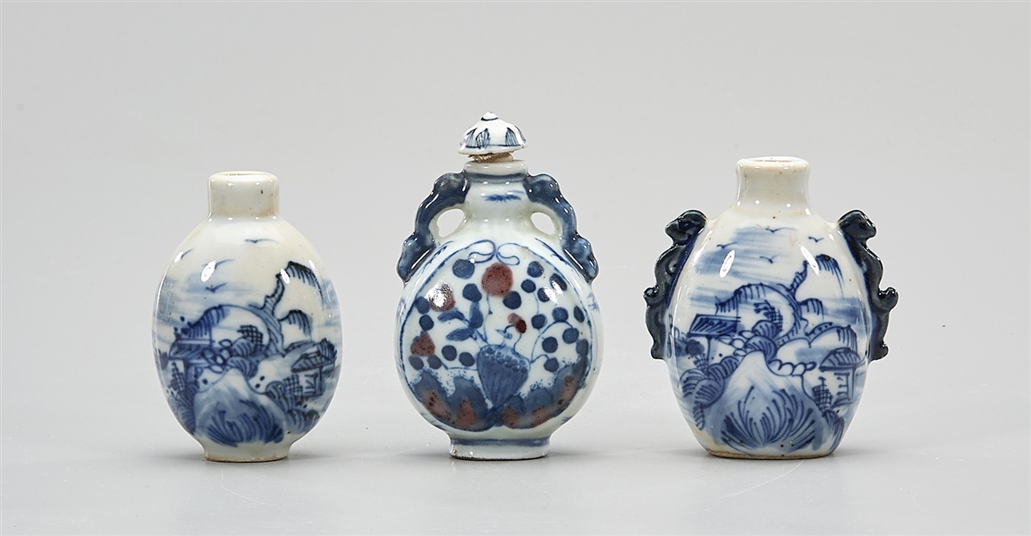 Appraisal: Three Chinese blue and white porcelain snuff bottles H tallest