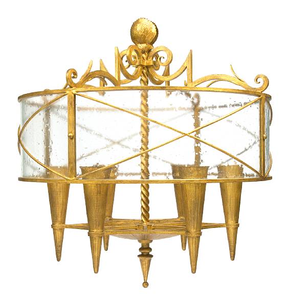 Appraisal: A gilt-wrought-iron and glass hall lantern in the manner of