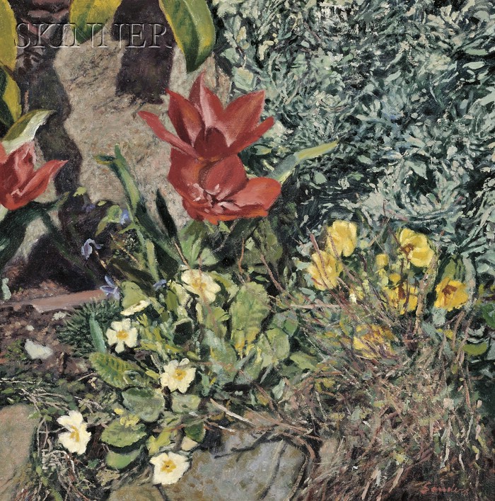 Appraisal: Christopher Sanders British - Garden with Tulips and Primroses Signed