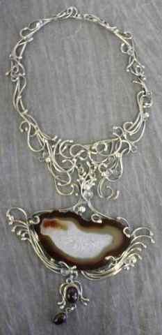 Appraisal: Signed Rachel Gera Sterling Necklace with Agateand Winding Wire Pendant