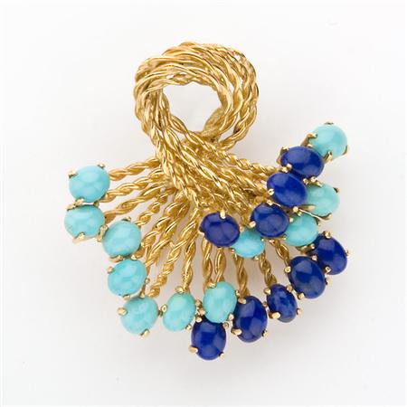 Appraisal: Gold Turquoise and Lapis Clip-Brooch Estimate -