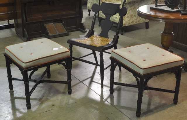 Appraisal: Pair Chinoiserie Style SeatsWith bamboo legs in black paint and