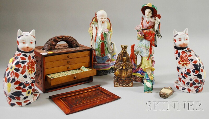 Appraisal: Eight Assorted Asian Items including a carved wood cased mah-jongg