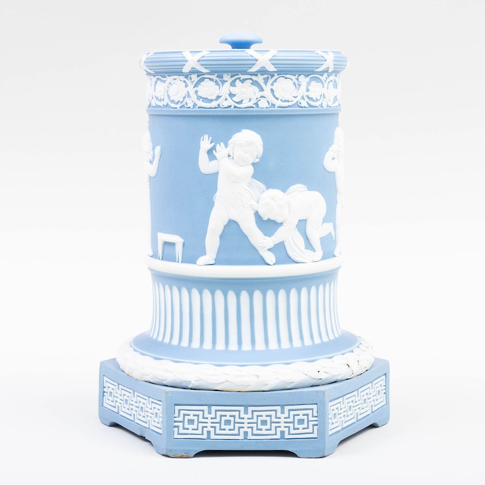 Appraisal: Wedgwood Blue and White Jasper Dip Cylindrical Vase and Cover