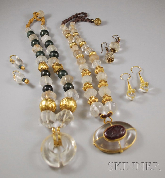 Appraisal: Two Gold and Crystal Beaded Necklaces with three pairs of