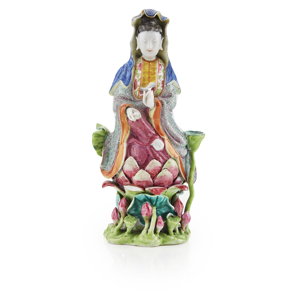 Appraisal: POLYCHROME ENAMELLED PORCELAIN FIGURE OF GUANYIN EARLY TH CENTURY standing