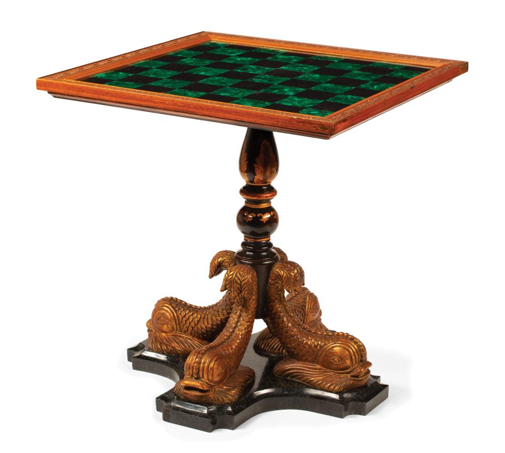 Appraisal: Continental-Style Malachite Inlaid and Marble Games Table with chess pieces