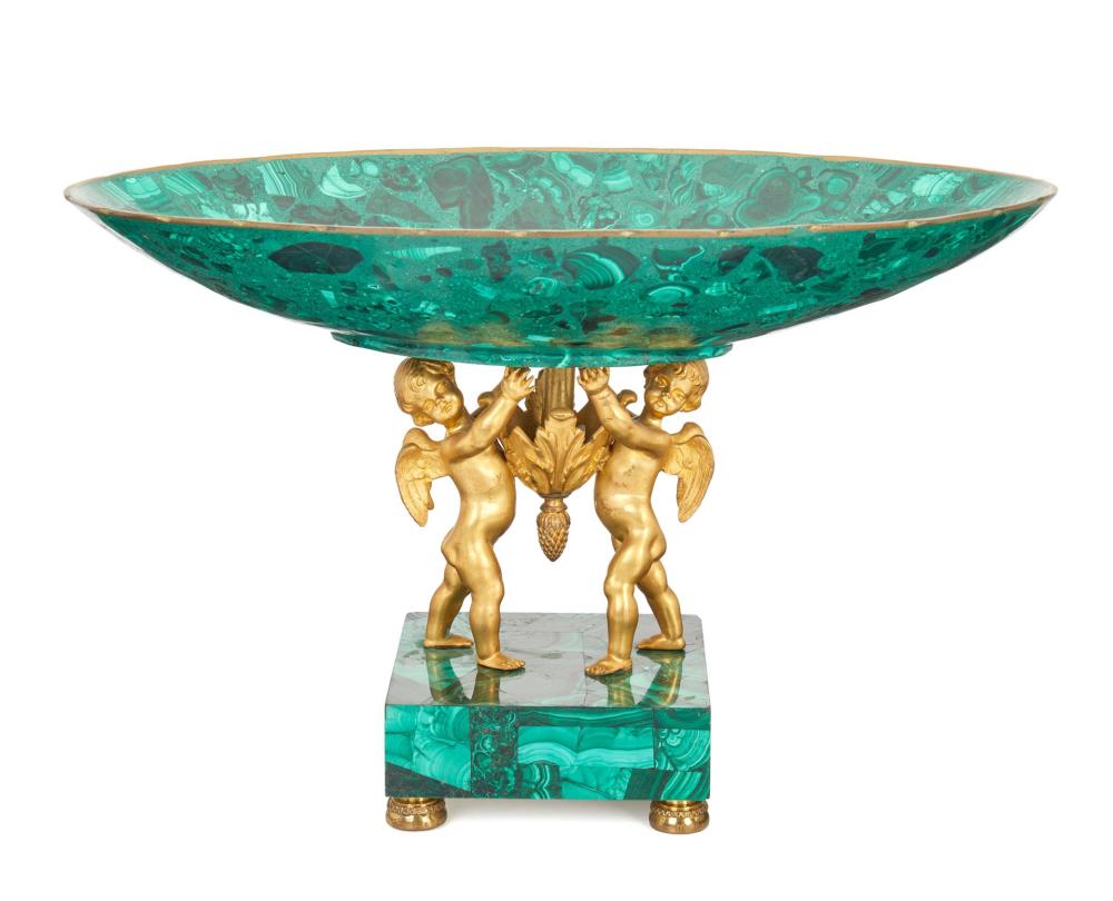 Appraisal: A Neoclassical-style gilt-bronze and malachite compote th Century The malachite-veneered