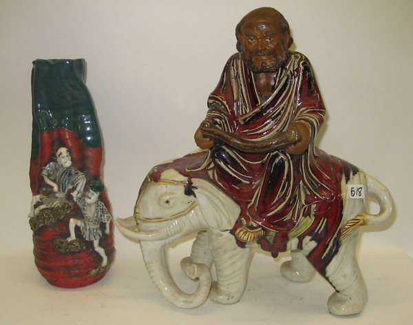 Appraisal: TWO ASIAN PAINTED POTTERY OBJECTS One is a gentleman scholar