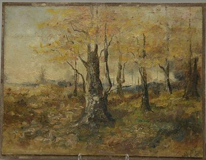 Appraisal: American School Autumn Landscape Oil on Board Initialed