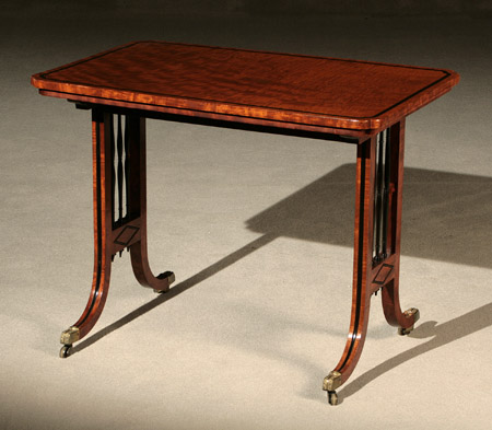 Appraisal: Regency Ebonized Wood Inlaid Mahogany Trestle Table Early th Century