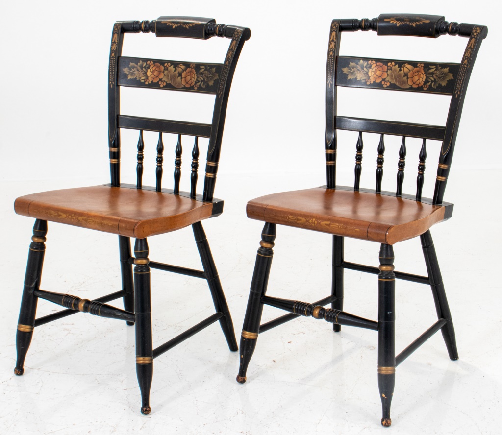 Appraisal: AMERICAN FOLK STYLE STENCILED SIDE CHAIRS American Folk style gold-stenciled