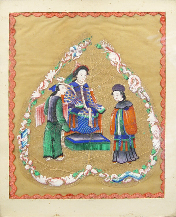 Appraisal: Oriental painting onto a leaf of figures in a floral