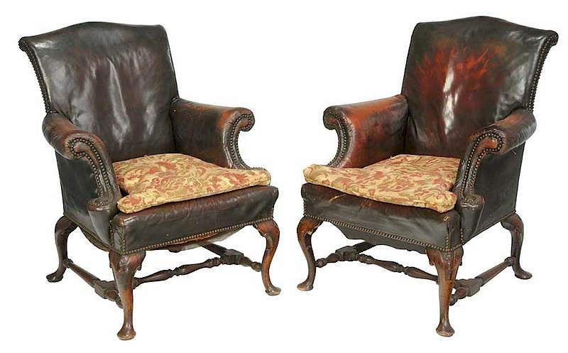 Appraisal: Pair Queen Anne Style Carved Walnut Armchairs British late th