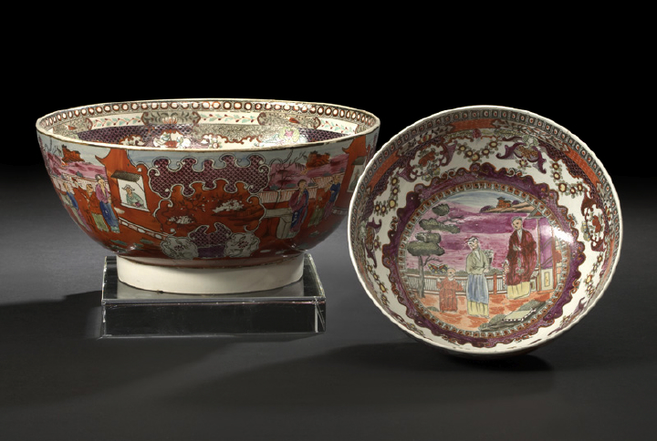 Appraisal: Large Fine and Rare Elaborately Polychromed Porcelain Chinoiserie Punchbowl ca