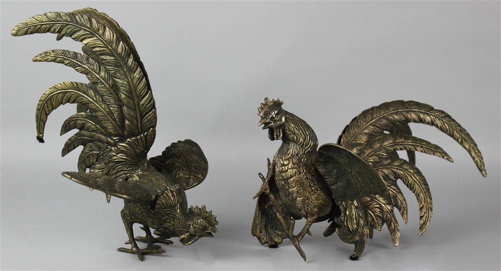 Appraisal: TWO BRASS MODELS OF FIGHTING ROOSTERS with naturalistic plumage h