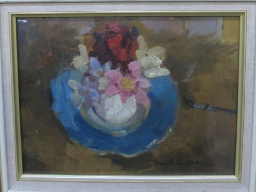 Appraisal: MARGARET McMILLAN Oil on board 'The Blue Saucer' signed recto