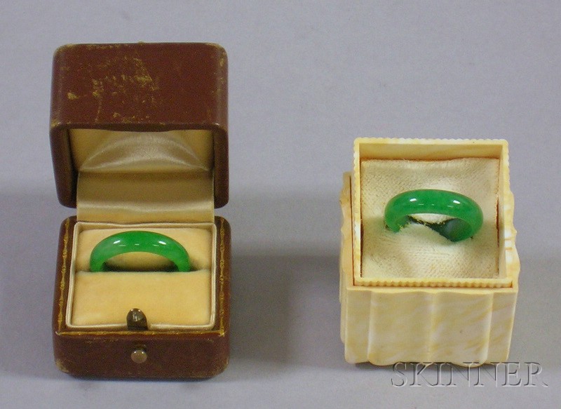 Appraisal: Two Asian Green Stone Rings untested one ring has a