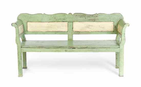 Appraisal: A Provincial Painted Pine Hall Bench having a shaped crest