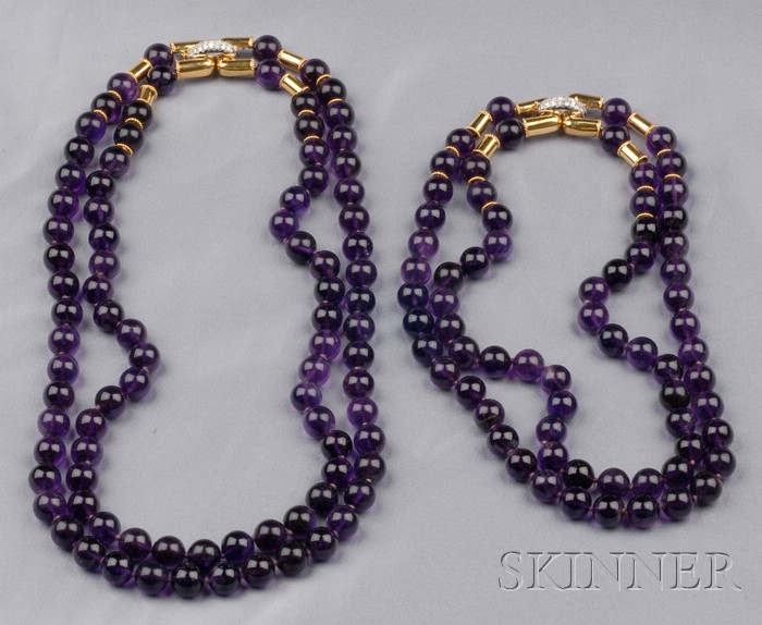 Appraisal: Two Amethyst Bead Necklaces each double strand necklace composed of