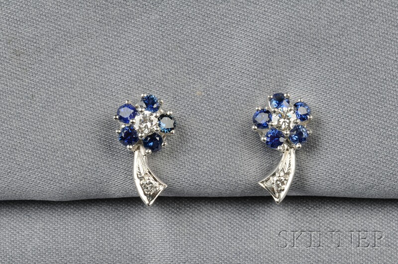 Appraisal: Platinum Sapphire and Diamond Earclips each designed as a flower