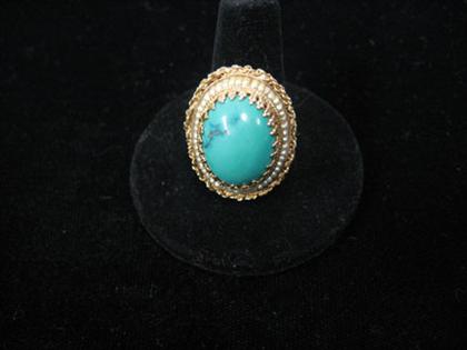 Appraisal: Turquoise and seed pearl ring karat yellow gold set with