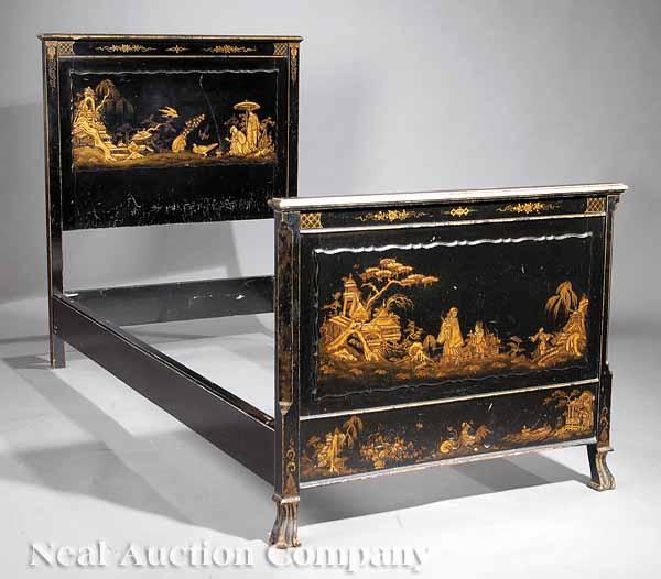 Appraisal: A Pair of Queen Anne-Style Chinoiserie Decorated Single Beds the