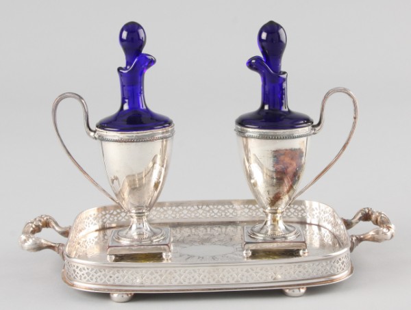 Appraisal: Lot of three Silver plated cobalt lined cruets t Silver